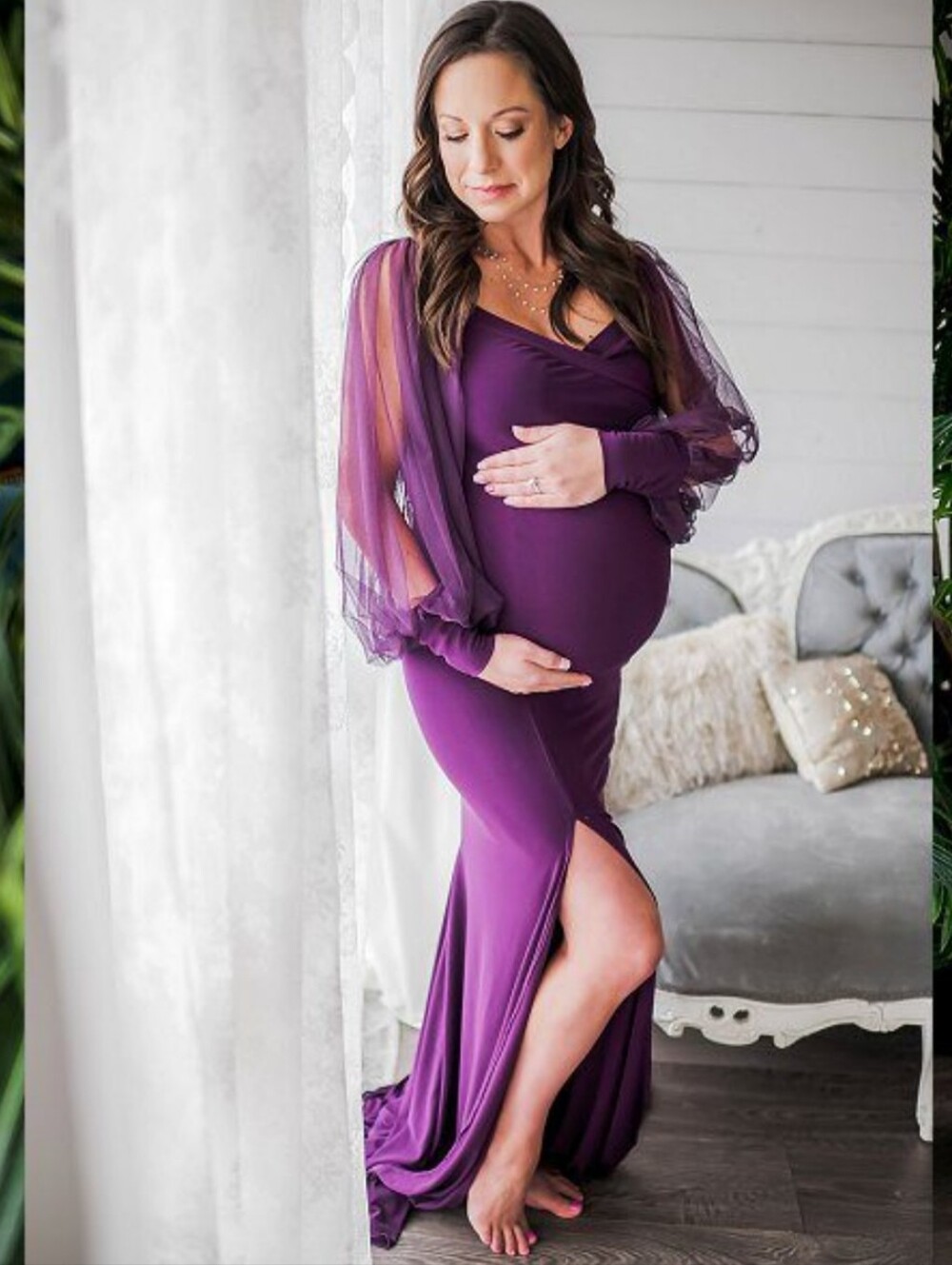 Elegant Purple Maternity Gown with Sheer Bishop Sleeves